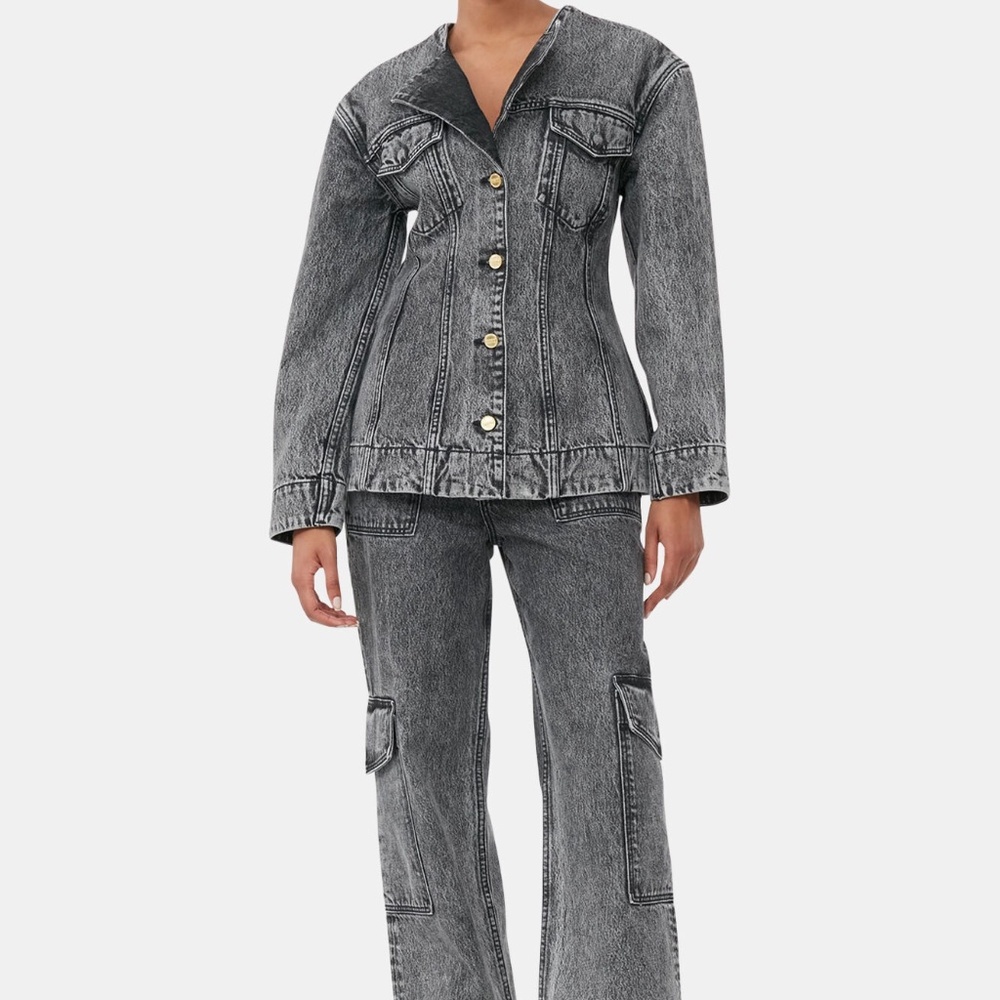 ganni | snow washed denim fitted blazer | size: us 22